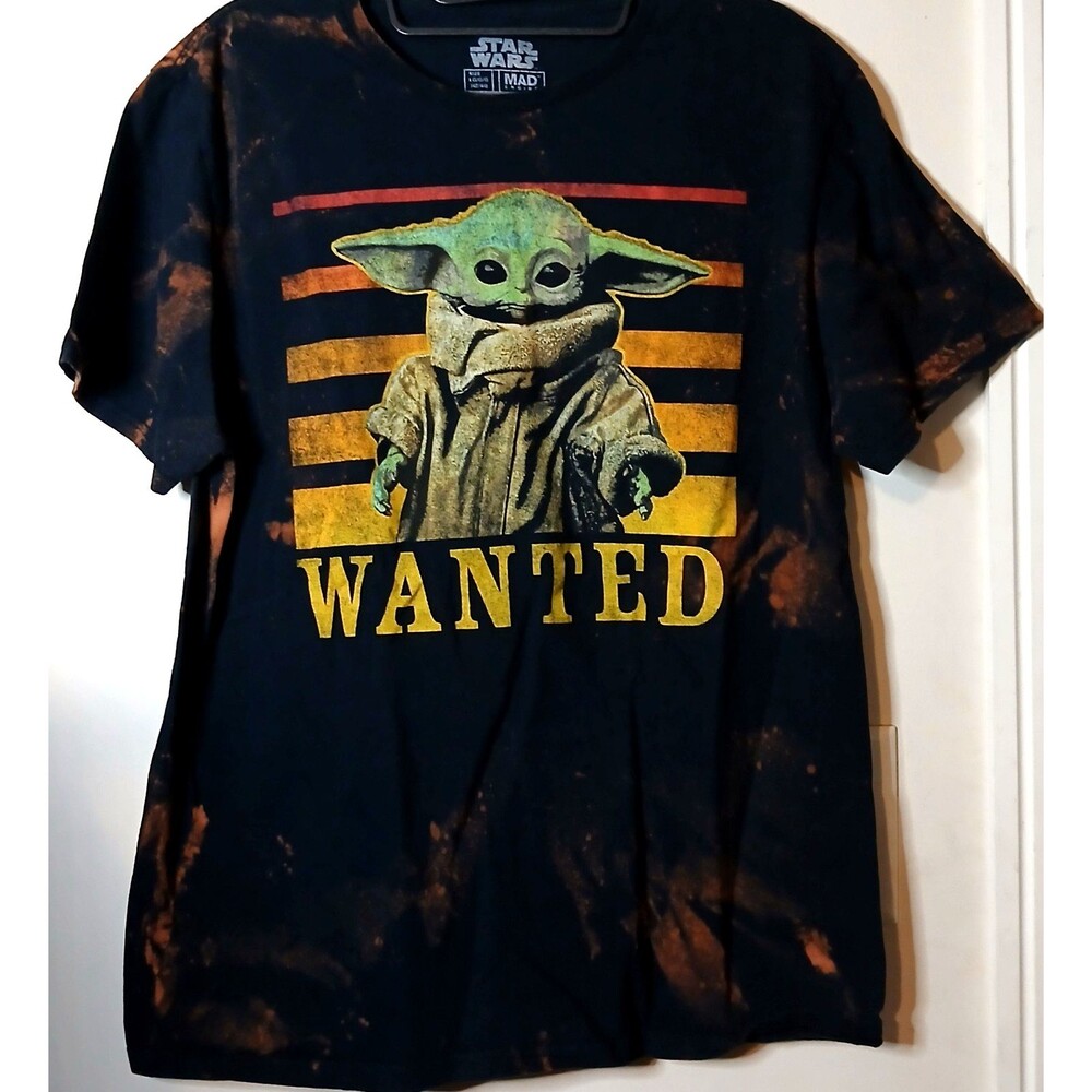 Star Wars Grogu Baby Yoda Wanted T Shirt Mens L Custom Bleach Dyed Mandalorian